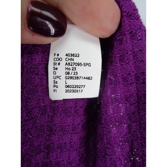LOGO Lori Goldstein Purple Metallic Waffle Knit Mock Neck Top Lace Sz Large New - Picture 15 of 15